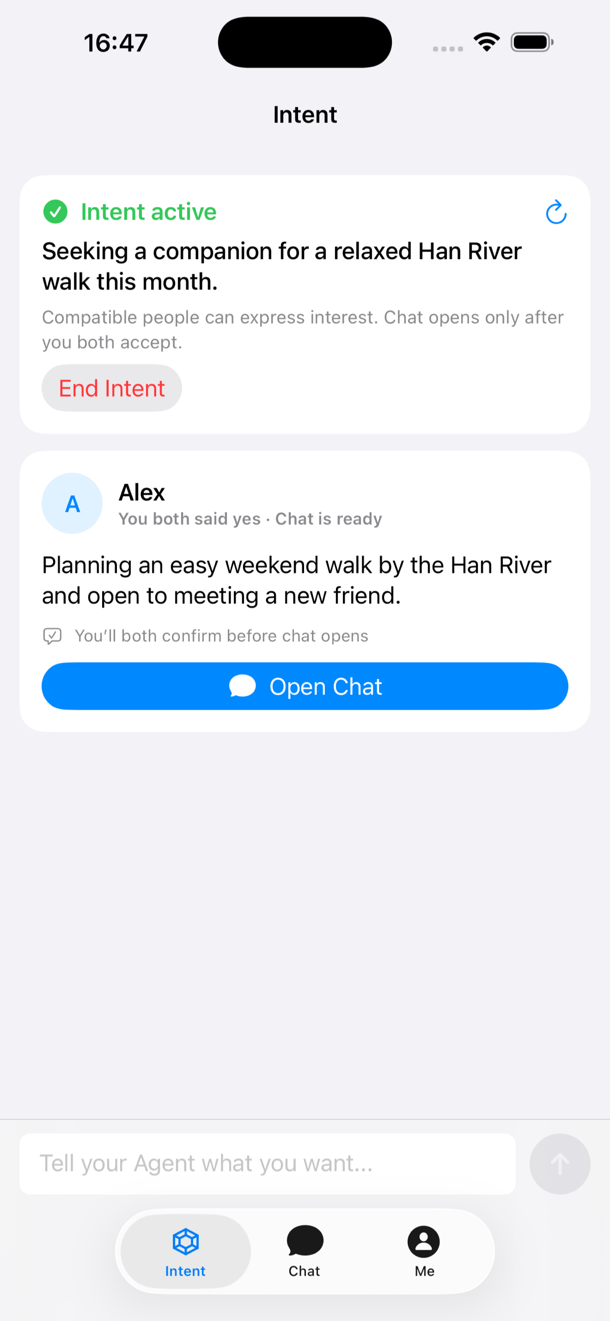 Intent app showing a mutual match with an Open Chat button